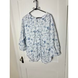 Lucky Brand Blouse Top Women's Plus 3XL Blue White Floral Coastal Beachy